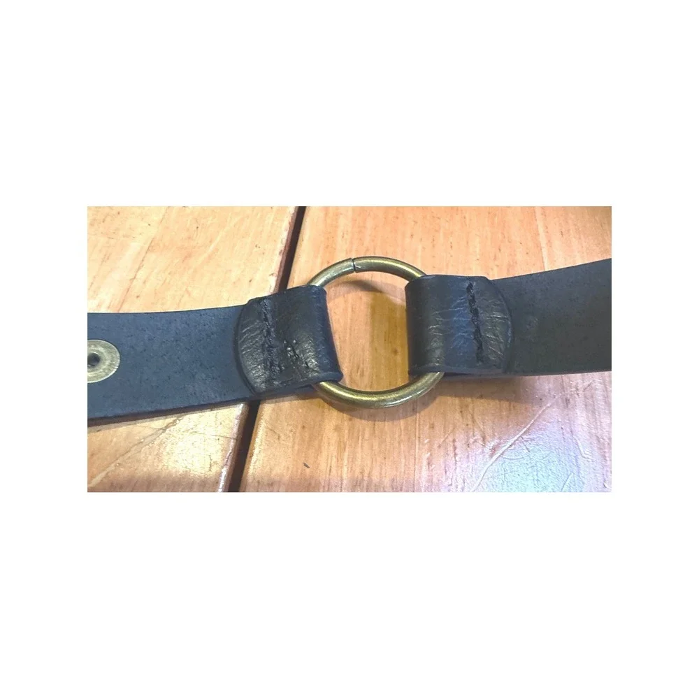 Vintage Black‎ Leather O-Ring Grommet Belt Antique Brass V Logo Grunge Moto
